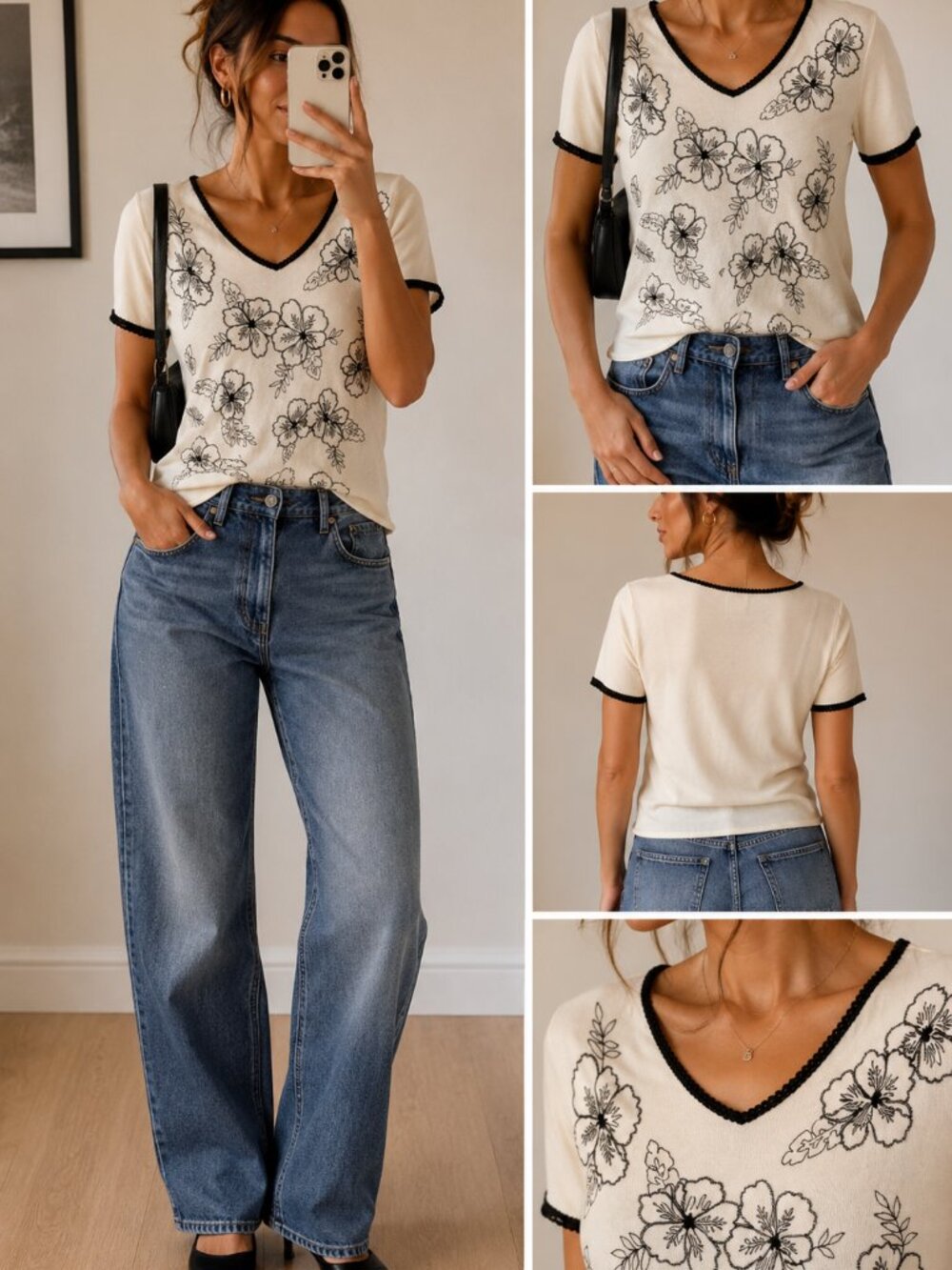 Vintage Jenny Floral Embroidered Knit Top Black White Y2K Medium